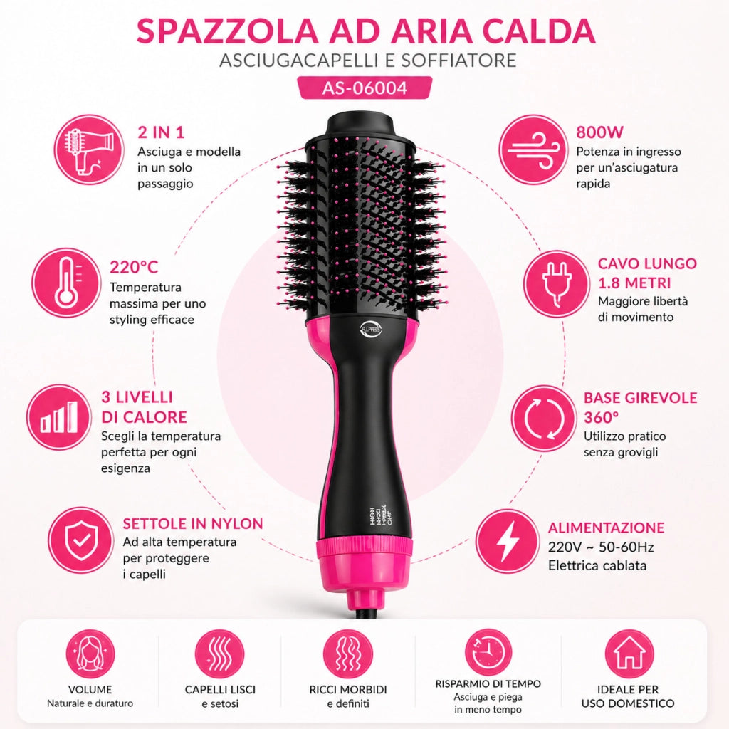 SPAZZOLA AD ARIA CALDA ASCIUGACAPELLI SOFFIATORE CAPELLI 800W 220°C AS-06004