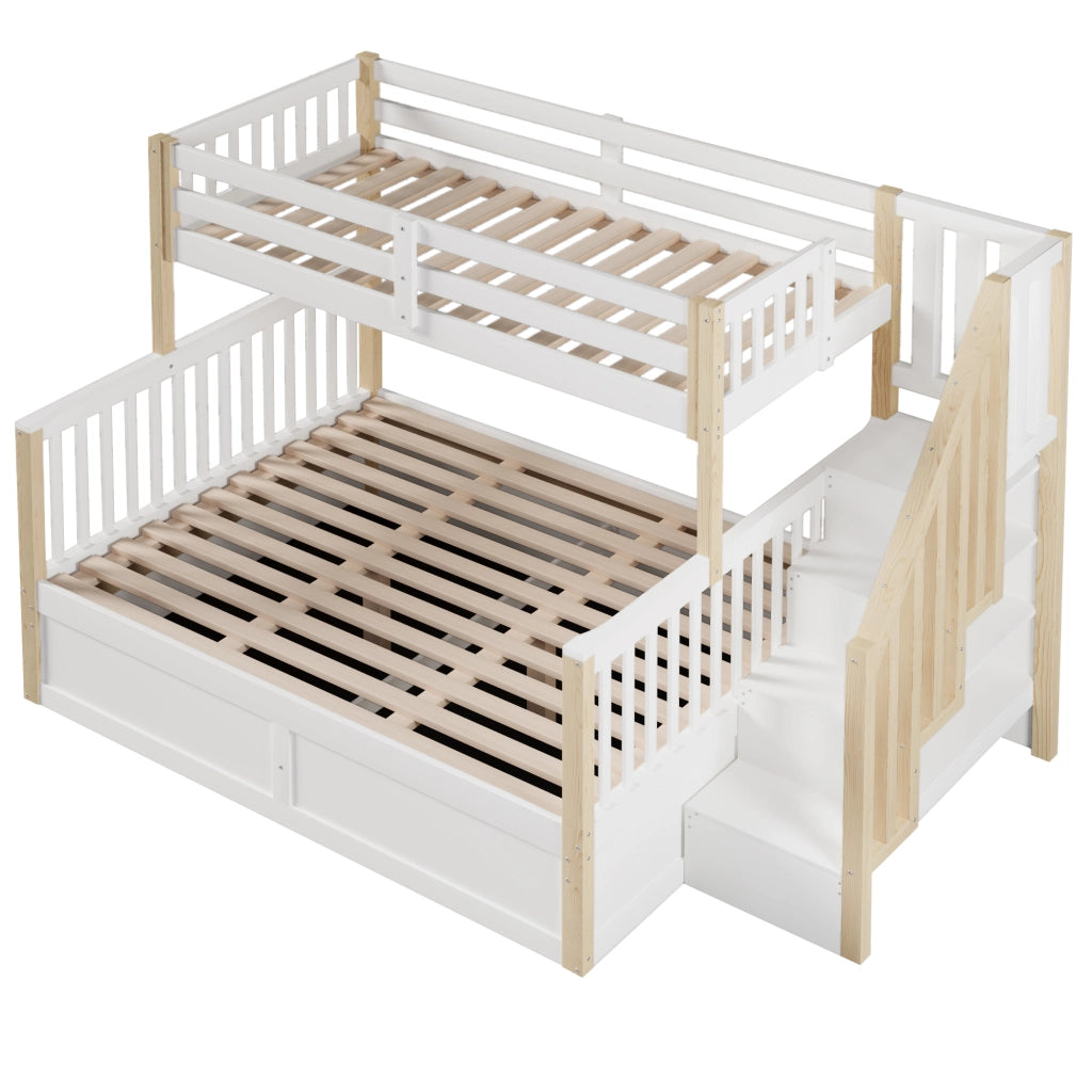 OKWISH Letto a Castello 90×200 cm e 140×200 cm, Letto 3 Posti con Contenitore Idraulico, Scala con Contenitori e Sponde, senza Materasso, Bianco e Naturale