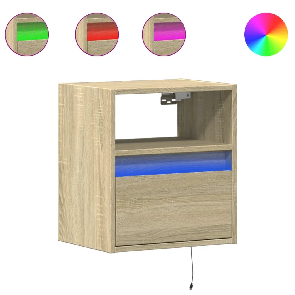 Set di 2 Comodini | Armadio da Notte | Mobiletto da notte a Parete con luci LED Rovere Sonoma