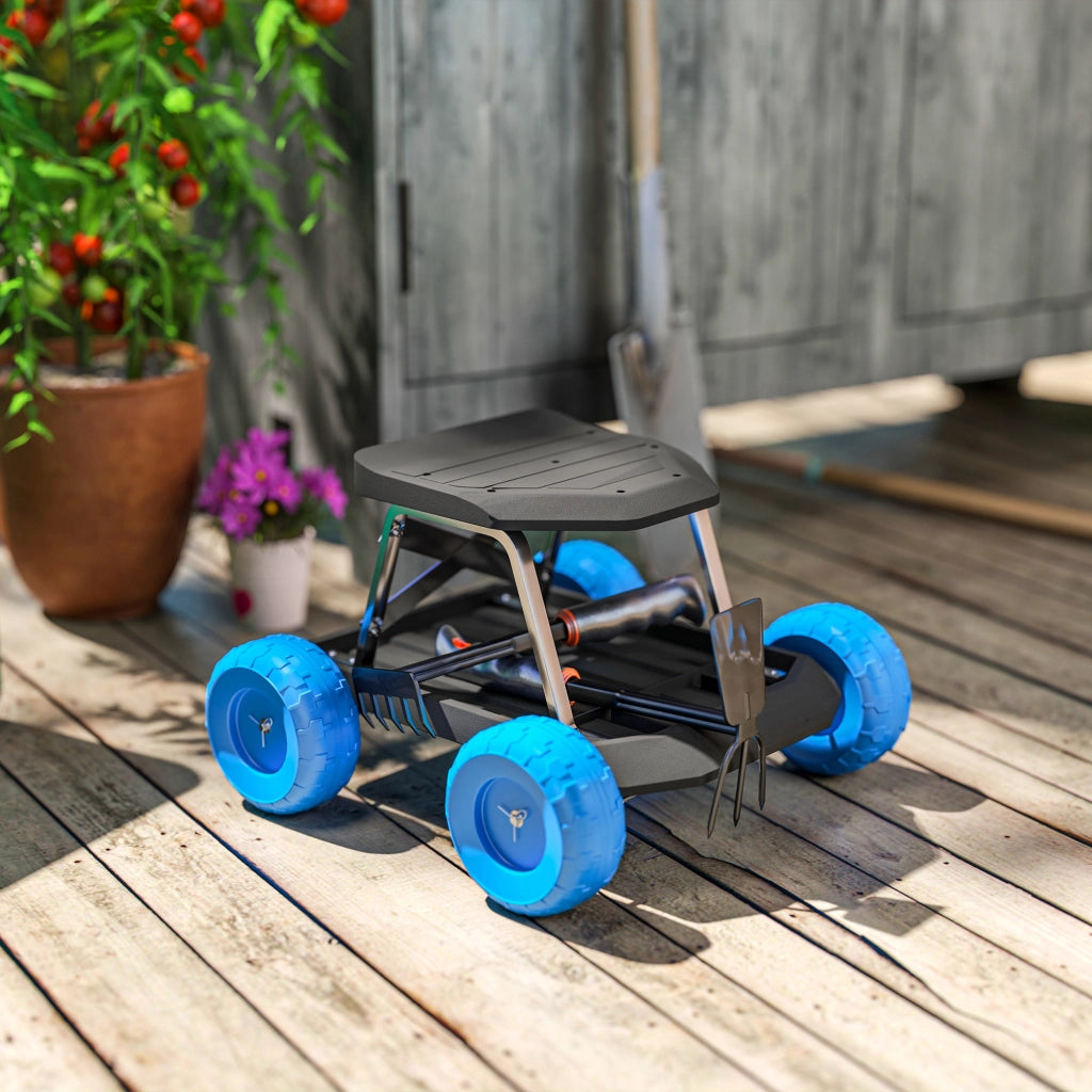 Sgabello da giardinaggio con ruote e vassoio portattrezzi ¨C Xylo ¨C Blu 50x49x32 cm