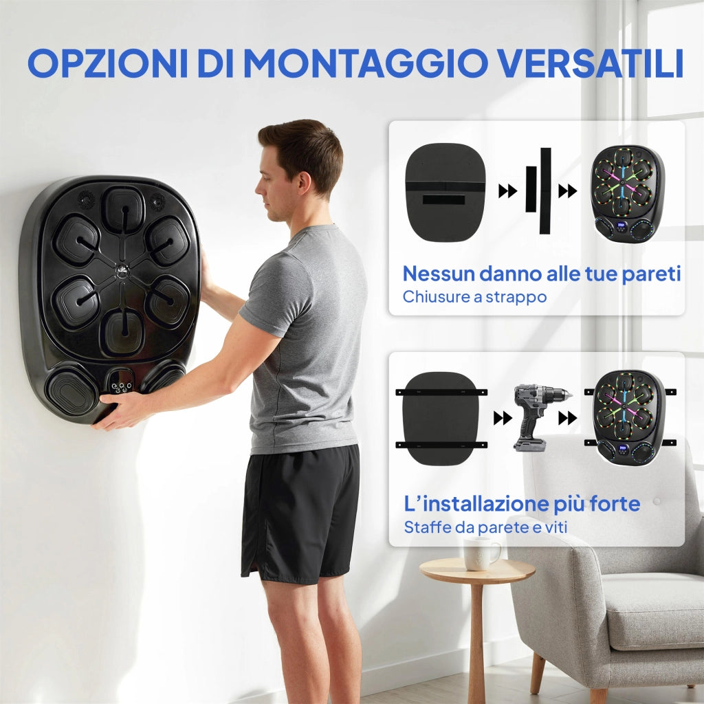 Macchina da Boxe Musicale a Parete ¨C Xylo ¨C 9 Modalit¨¤, LED, Bluetooth, 61x48x11 cm, Nero