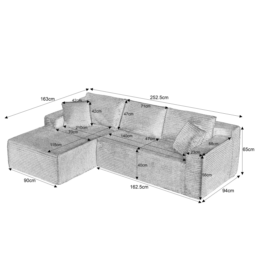 Divano modulare a L con 4 configurazioni in tessuto traspirante e cuscini collo grigio scuro 252,5 × 163 × 65 cm