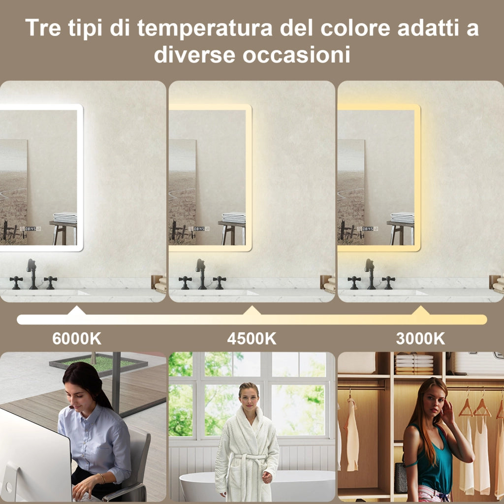 Specchio bagno Rettangolare 60x80cm Led Con 3 Luci + Orologio + Antiappannamento