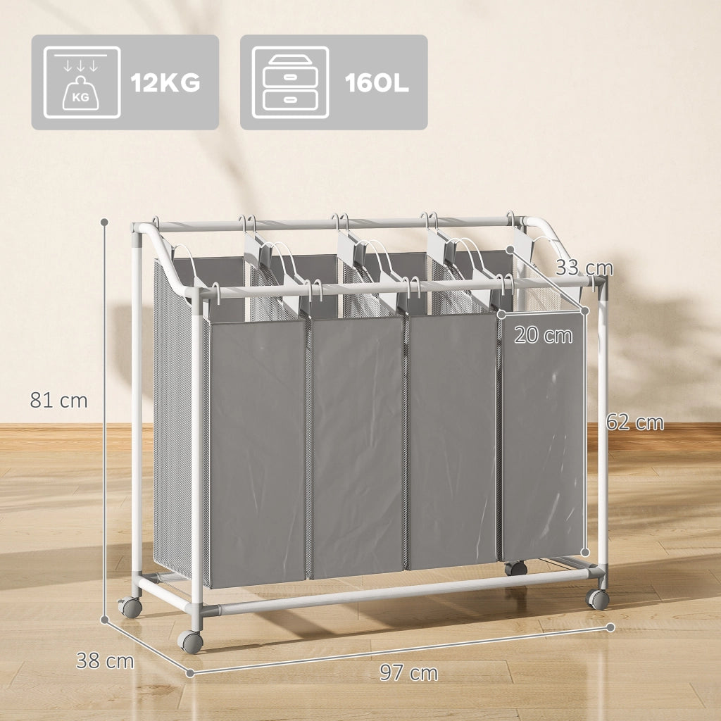 Cestino per il bucato con 4 scomparti 160 L ¨C zephmum ¨C Grigio 97x38x81 cm