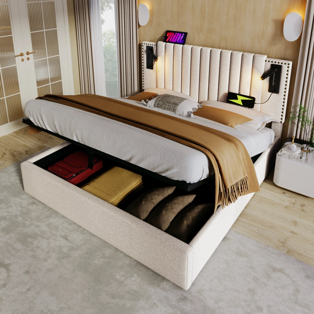 LETTO Contenitore 140x200 cm Beige in cotone con luce da lettura e USB