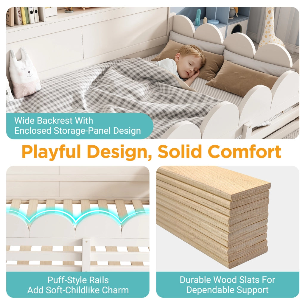 Letto per bambini 140x200 cm, con sponde di sicurezza e vano contenitore, in MDF, bianco