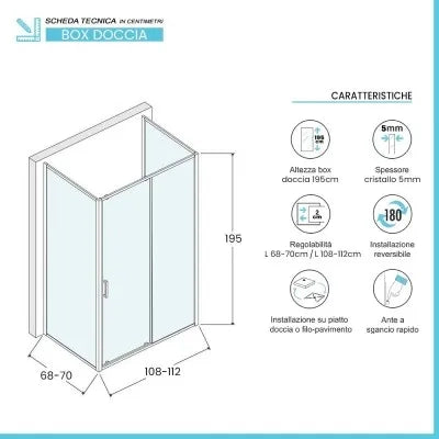 Box doccia 3 lati 70x110x70 con porta scorrevole trasparente  Tay