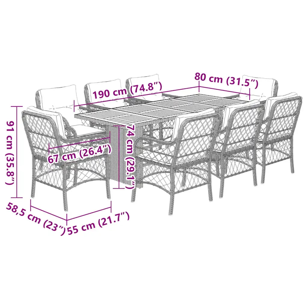 Set da Pranzo da Giardino 9 pz con Cuscini in Polyrattan Grigio 3212075