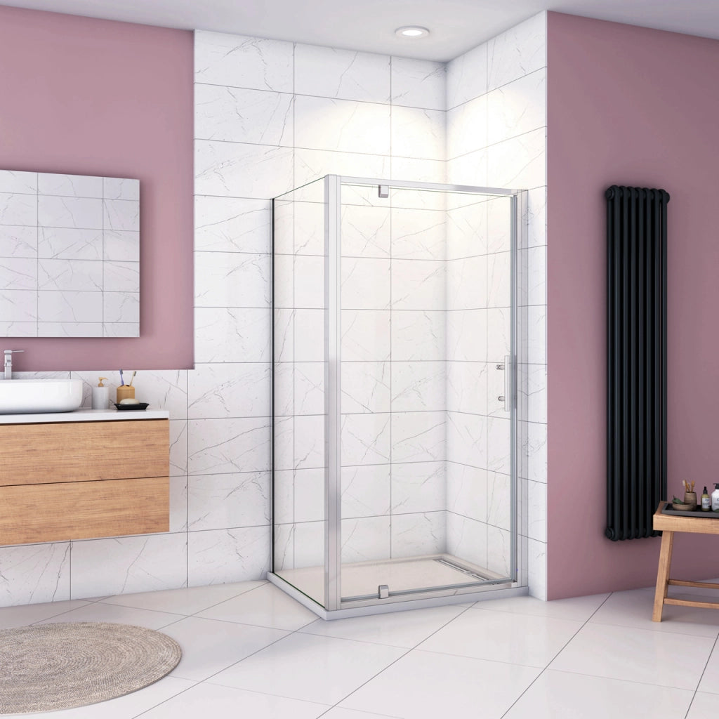 185cm Box Doccia Angolare Porta Girevole Battente con Parete Fissa 90x80cm in Vetro Temperato Trasparente 5 mm Profilo Cromo Lucido