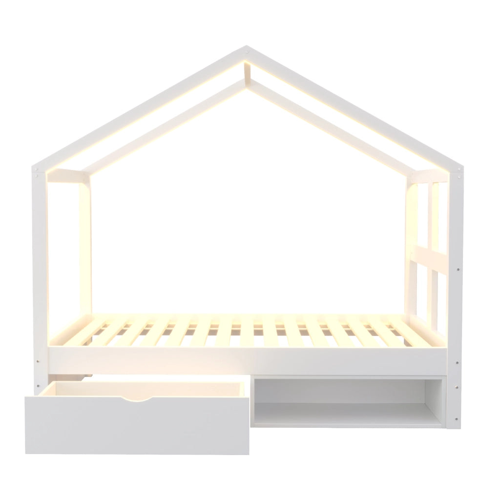 Letto Singolo con Cassetti e LED ¨C MINIMAL ¨C Bianco, Rete a Doghe, 90x190