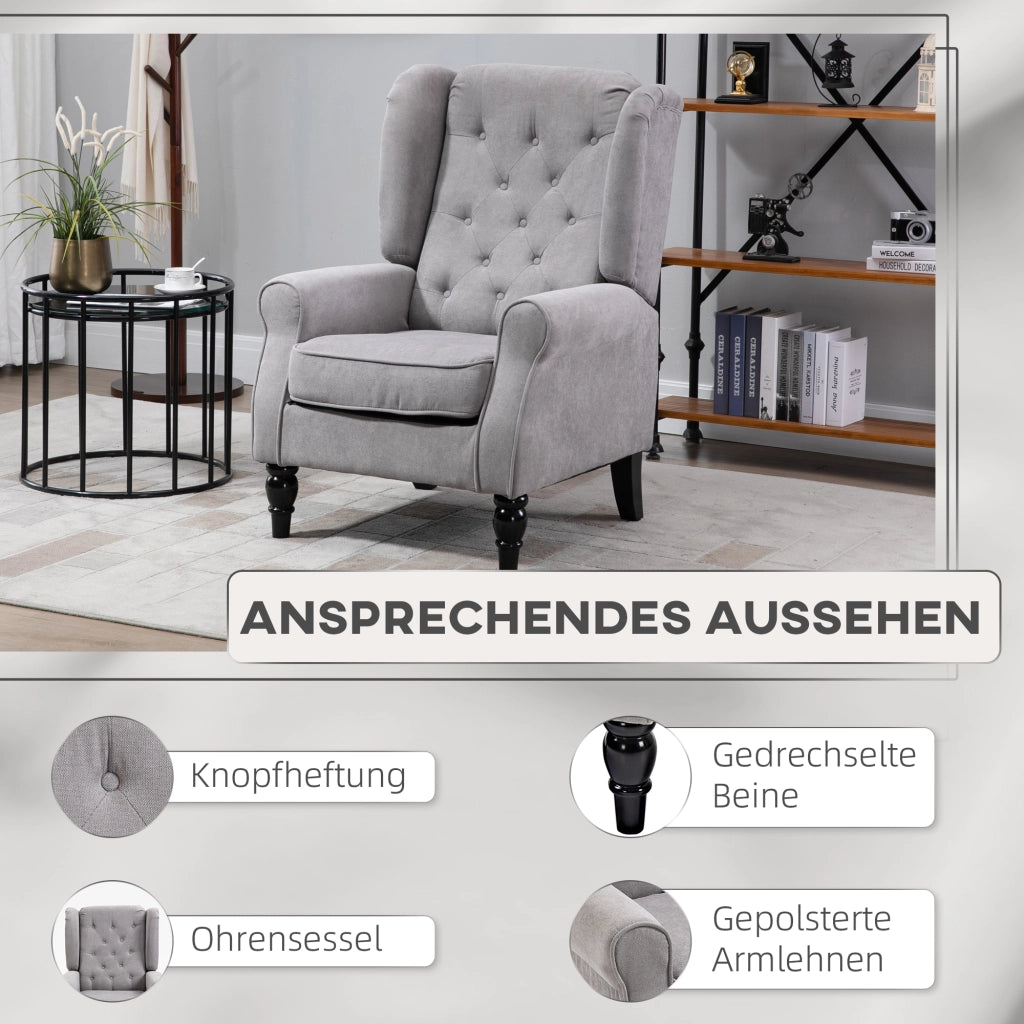 Poltrona con Braccioli e Orecchie ¨C Xylo ¨C Tessuto Grigio con Cuscino e Gambe in Legno