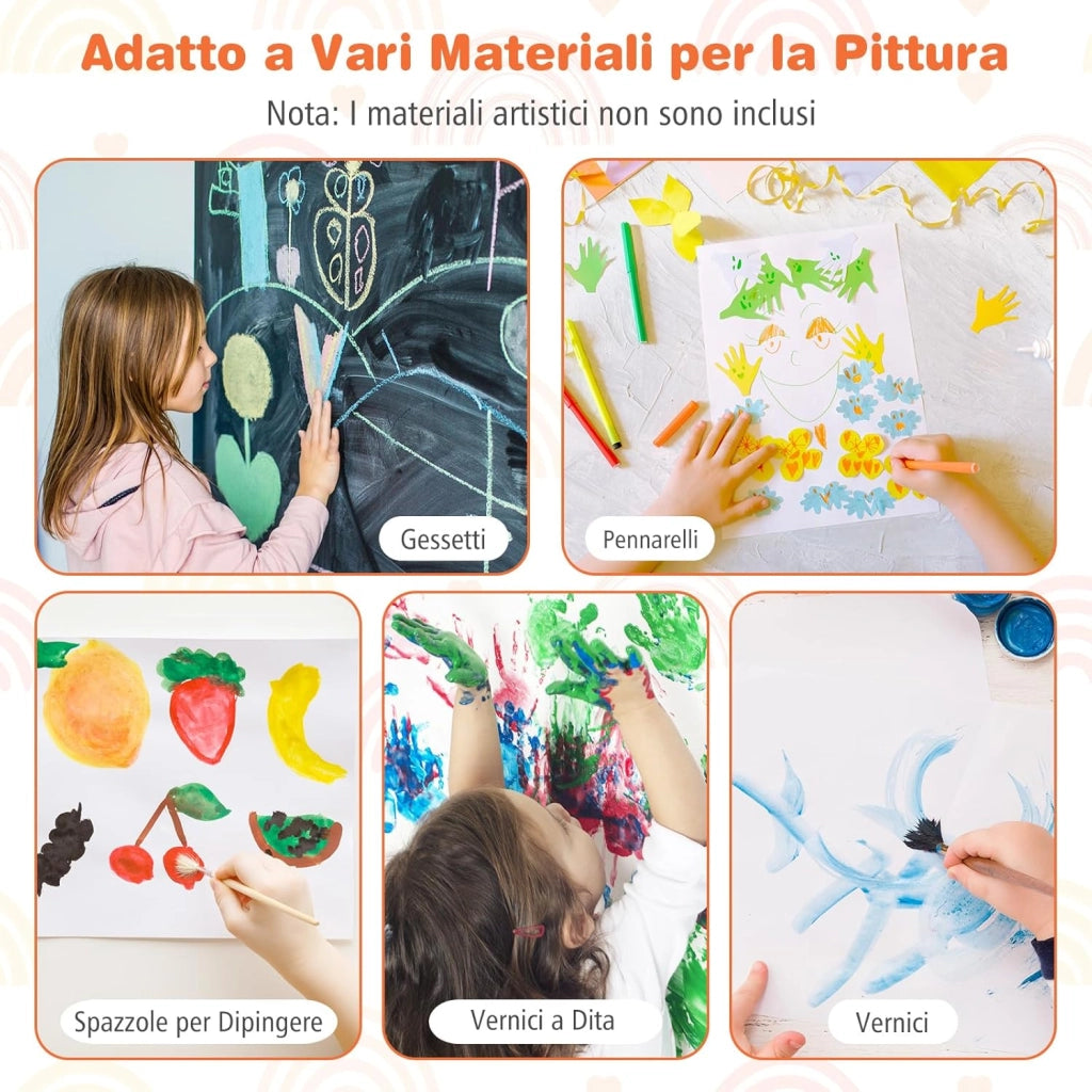 3 in 1 Cavalletto per Bambini, Cavalletto con Doppia Faccia Magnetica e Lavagna Bianca, Rotolo di Carta, 3 Bicchieri per Vernice e 2 Cestini in Tessuto, per Bambini 3-6 Anni (Rosa)