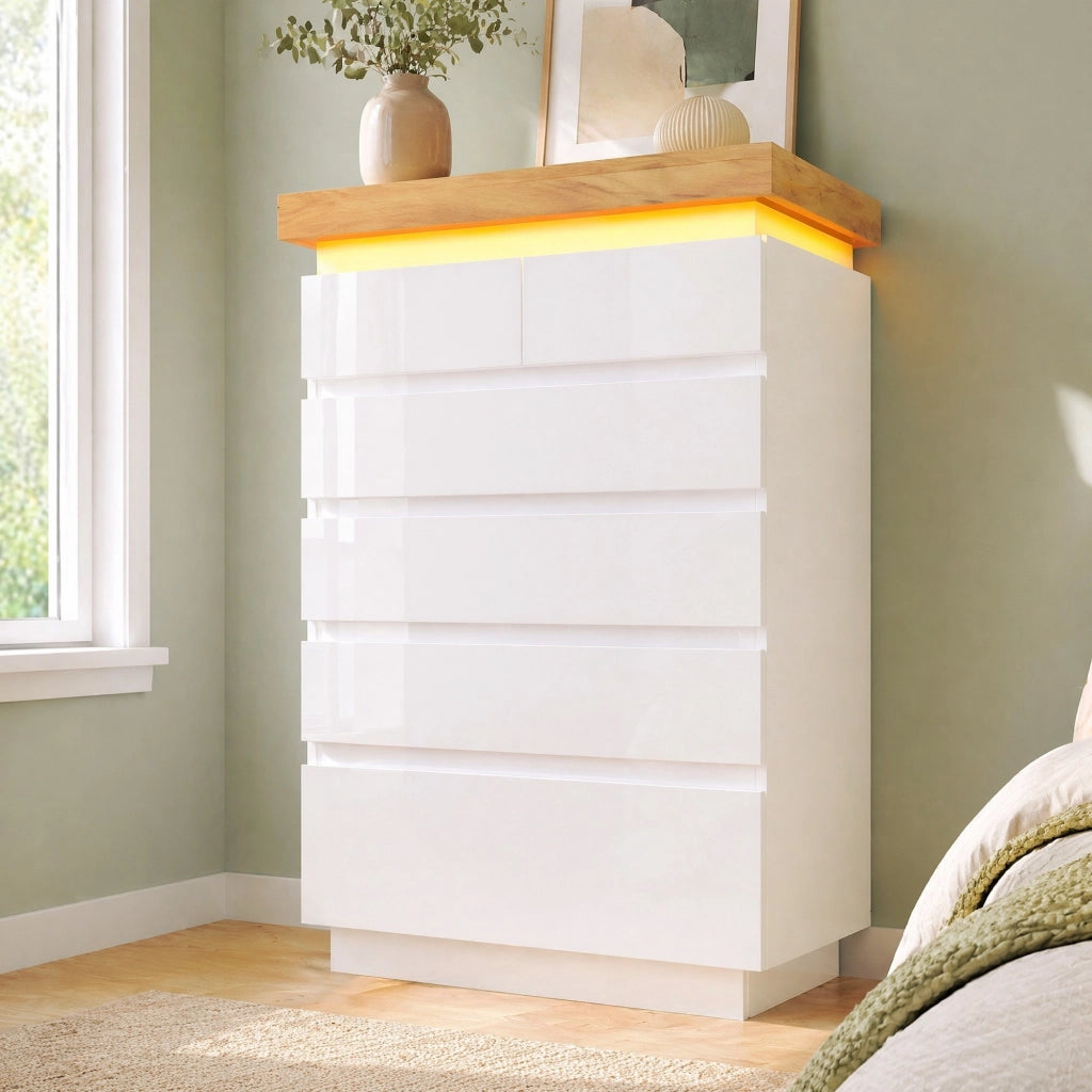 CREDENZA Lucida 6 Cassetti 115x73x39 cm Bianca con LED