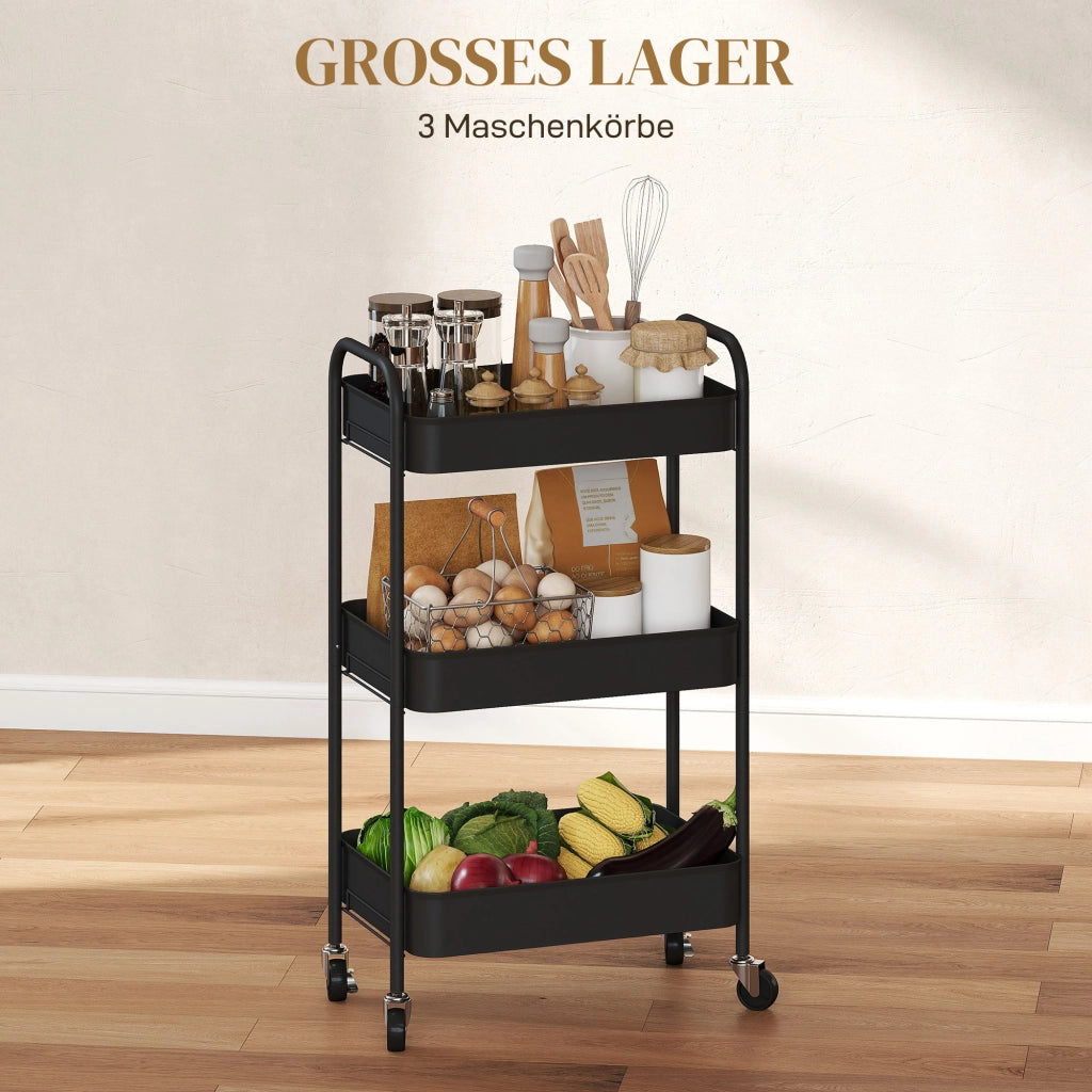 Carrello Multiuso con 3 Ripiani e 4 Ruote ¨C Minimal ¨C Nero 45x30.6x79 cm