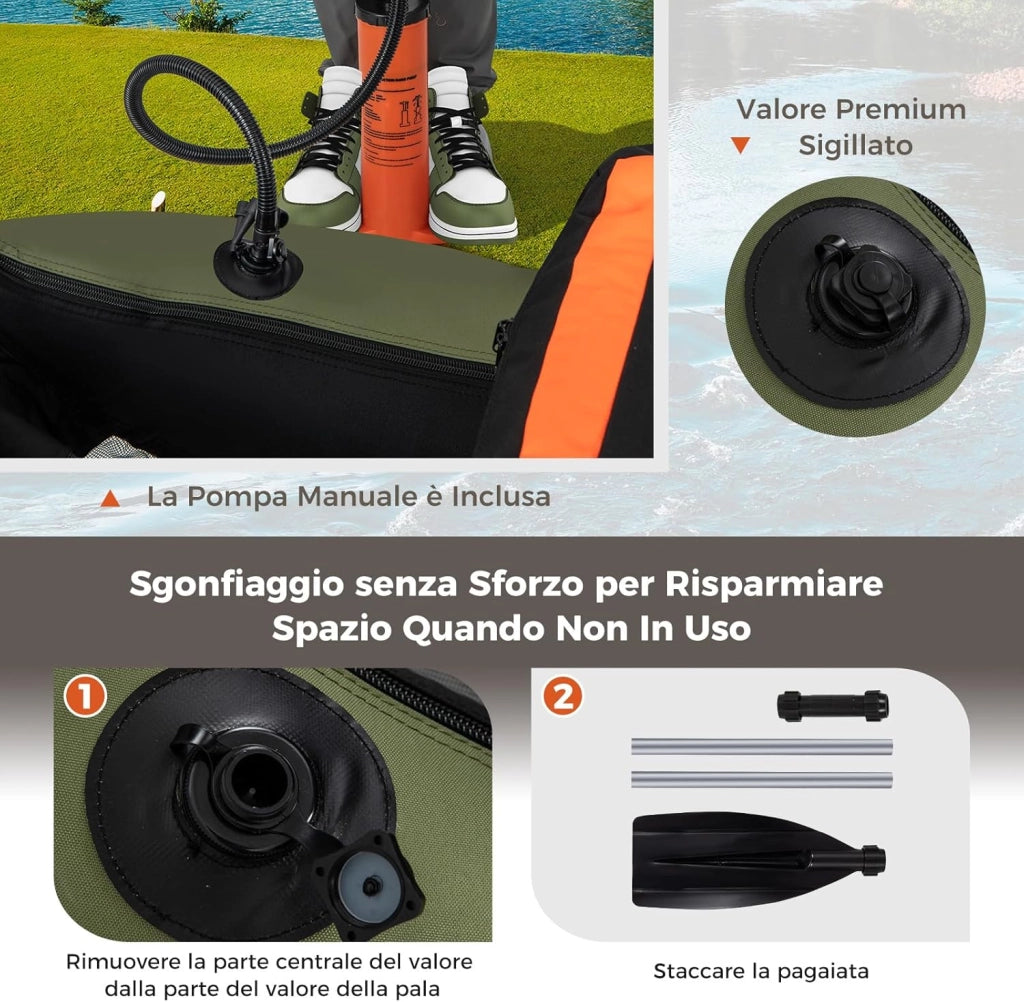 Belly Boat da Pesca Portatile, Gommone Gonfiabile da Pesca con Porta Canne Regolabile, Pompa, Pagaia in Alluminio, Spallacci e Kit di Riparazione, Barca da Mare con 2 Pinne, capacità 160kg