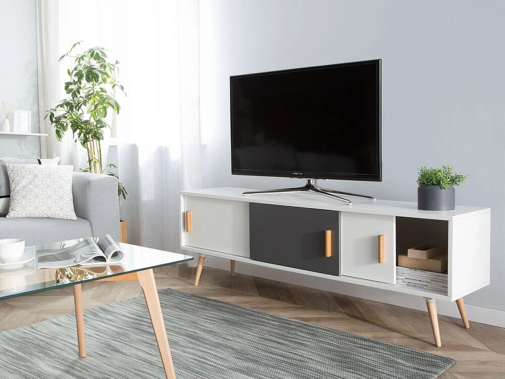 Mobile TV Bianco e Grigio in Legno di Faggio con 3 Ante Scorrevoli Moderno