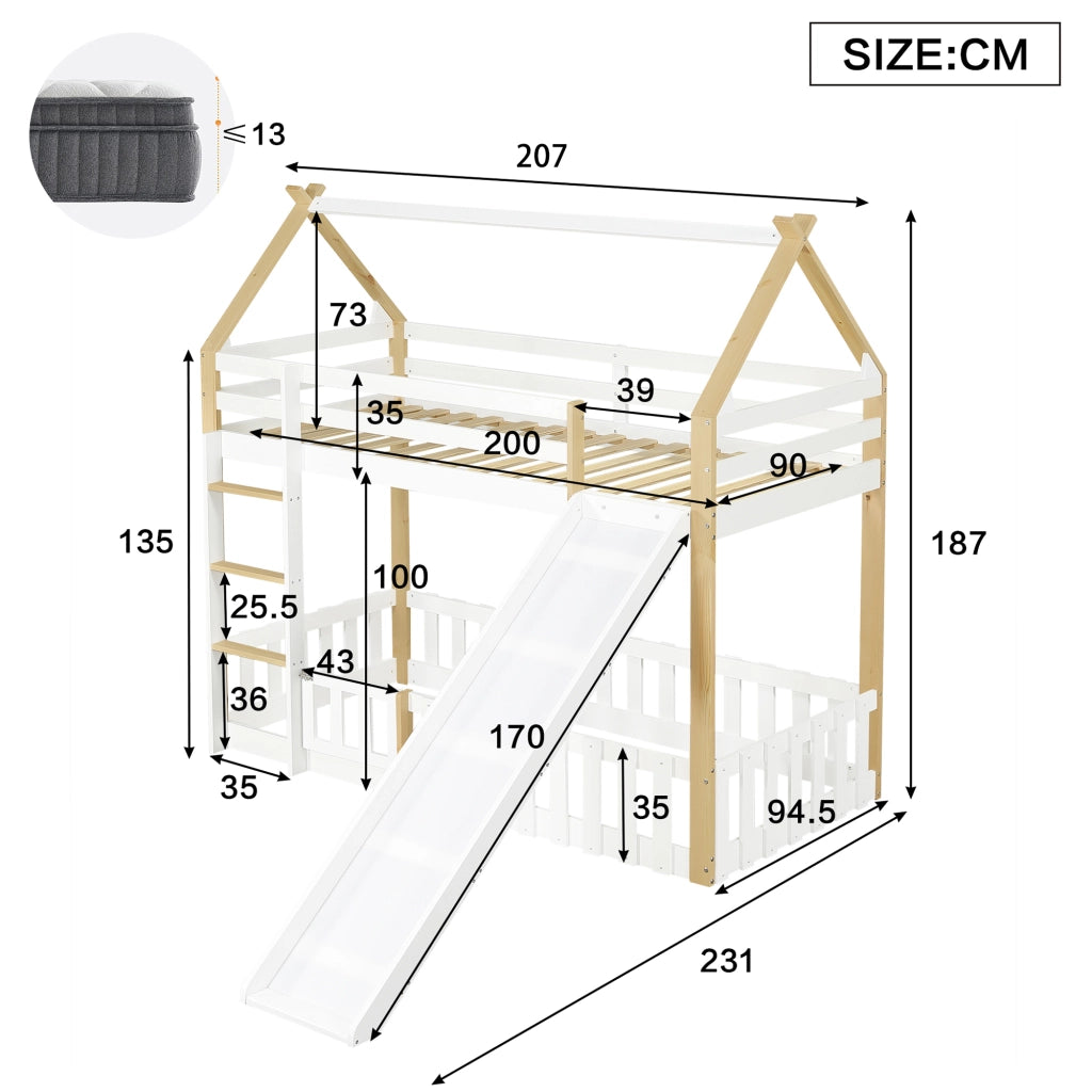 LETTO A CASTELLO con scivolo 90x200 cm bianco e naturale