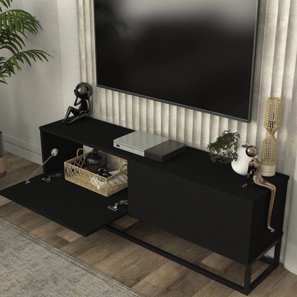 Mobile Porta TV Nolven a 2 Ante Ribalta e Telaio Lungo in Metallo 135x32x47 cm - Nero [en.casa]