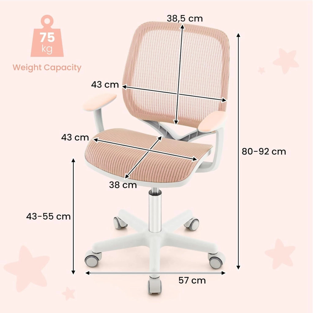 Sedia da Scrivania per Bambini, Sedia Girevole per Computer con Altezza Regolabile, Ruote con Freno, Braccioli Morbidi, Sedia Ergonomica per Bambini 6-15 Anni (Rosa)