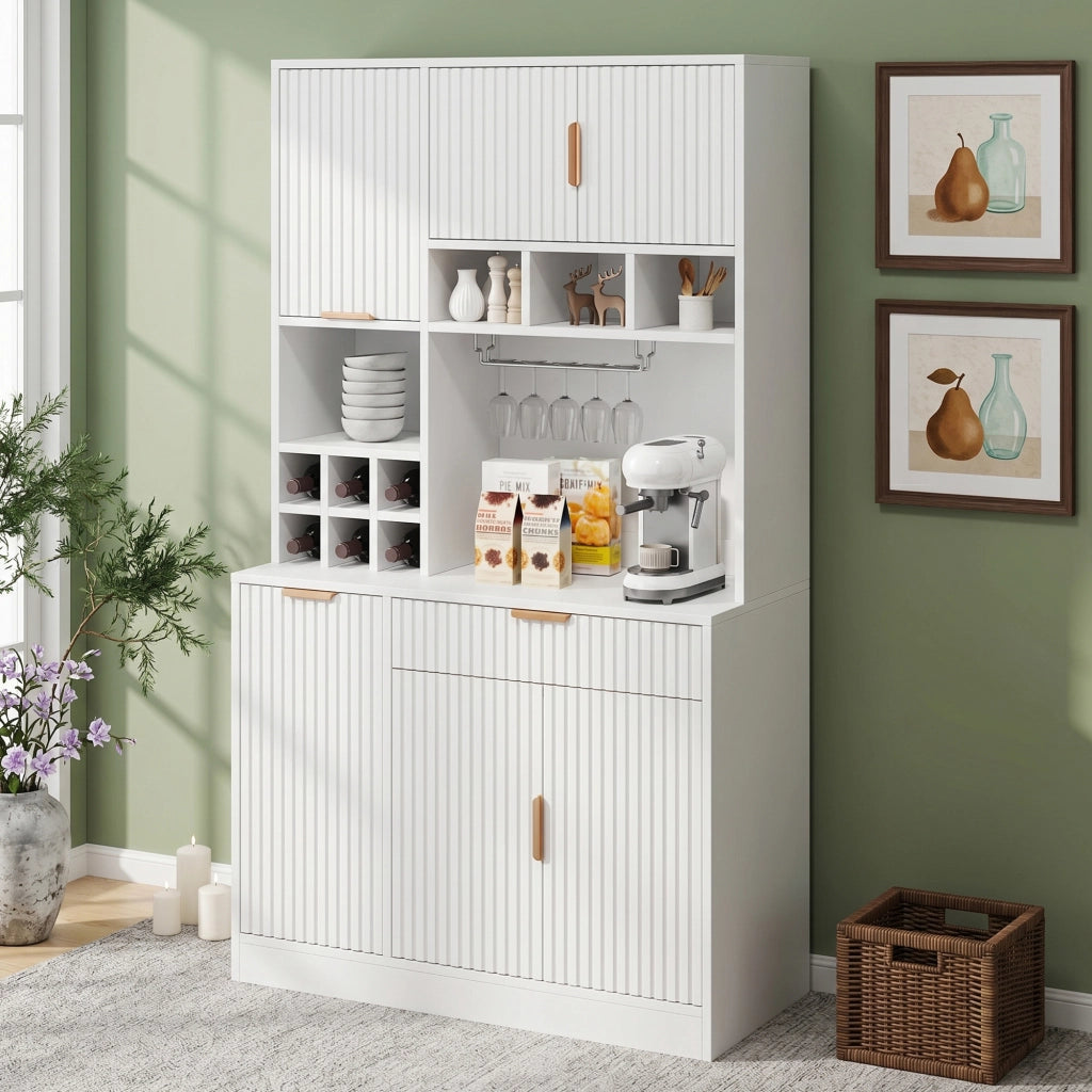 Credenza alta con 2 prese e porte USB-A e USB-C, porta bicchieri e bottiglie, per cucina e sala da pranzo, 100 × 40 × 175 cm