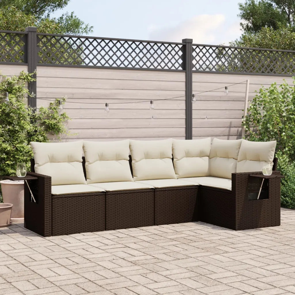 Set Divano da Giardino 5 pz | Set Salotto da Giardino con Cuscini Marrone in Polyrattan