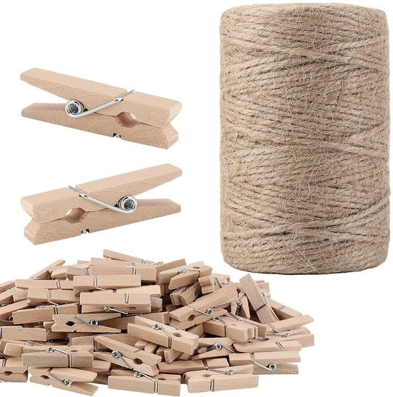 Kit per decorazione esterna 100 m - Corda di juta per decorazione 3 mm - Corda per imballaggio - Kit di arte manuale - Decorazione - Incluso 200 clip - Corda per imballaggio