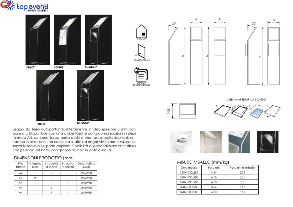 Leggio in plexi con base a L e Cornice a scatto f.to A4 verticale - Non Personalizzato