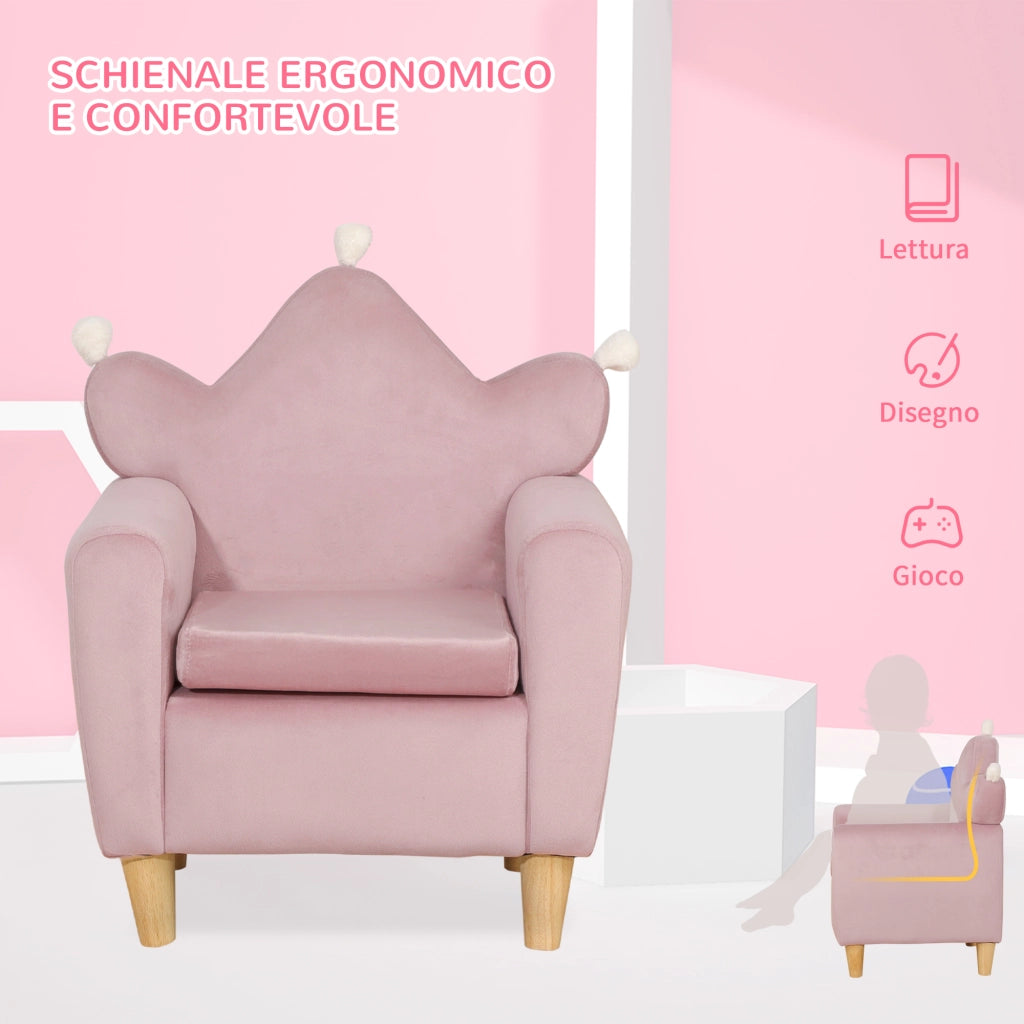 Poltrona per Bambini in Velluto Rosa con Schienale a Corona ¨C Minimal ¨C 50.2x41.9x57.8 cm