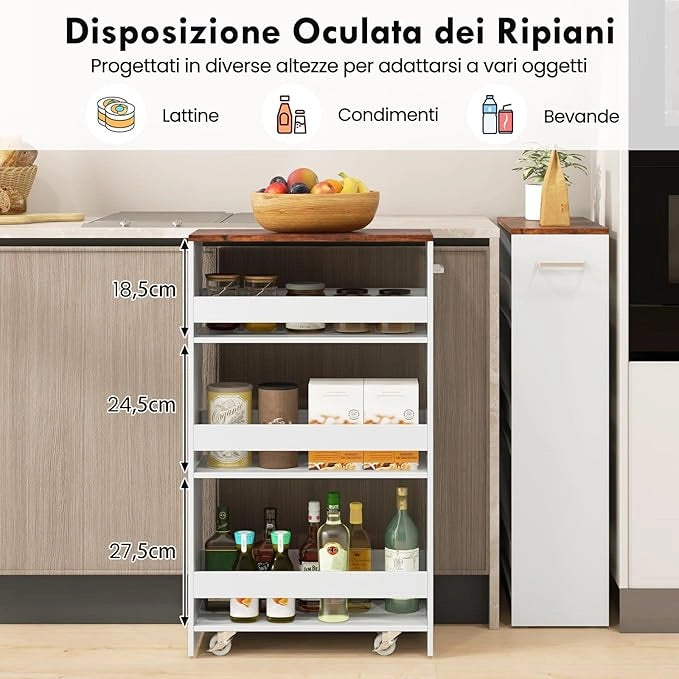 Carrello Portaoggetti da Cucina, Scaffale con Maniglia Laterale e Ruote, Carrello Salvaspazio con 3 Scaffali Stretti, 47,5x20x80,5 cm (Marrone+Bianco 47,5x20x80,5 cm)