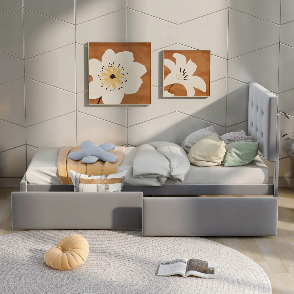 Letto imbottito 90x200 - Xylo - Grigio con cassetti e testiera regolabile