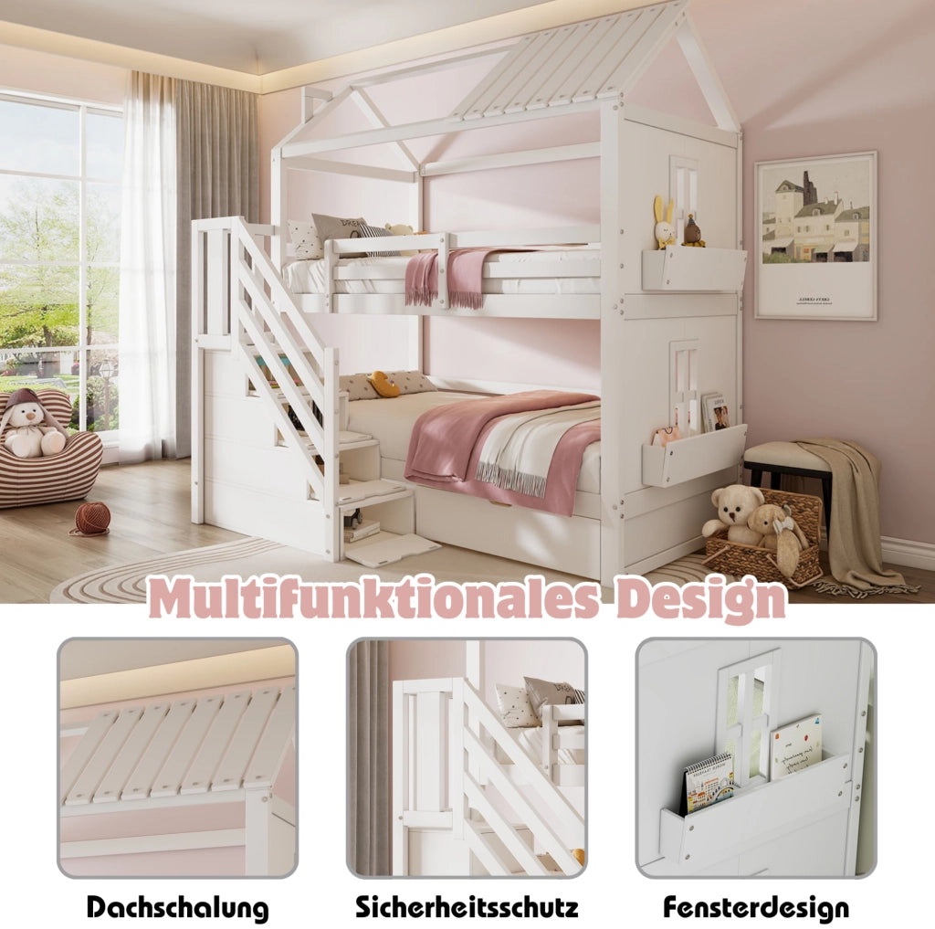 Letto a castello per bambini 90x200 cm con scala contenitore; cassetti e ripiani; bianco