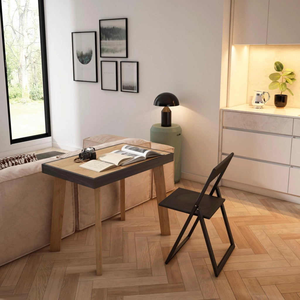 Consolle allungabile, 222x90x73cm, Per 10 persone, Gambe in legno, colore Rovere e nero RF3062
