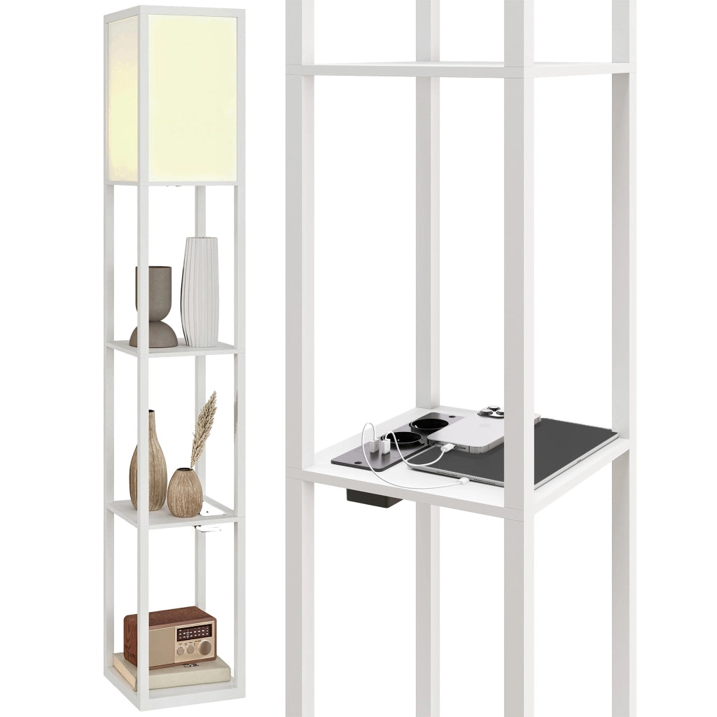 Lampada da Terra con Ripiani, Luce Regolabile, Interruttore a Pedale e Porte USB, Bianco