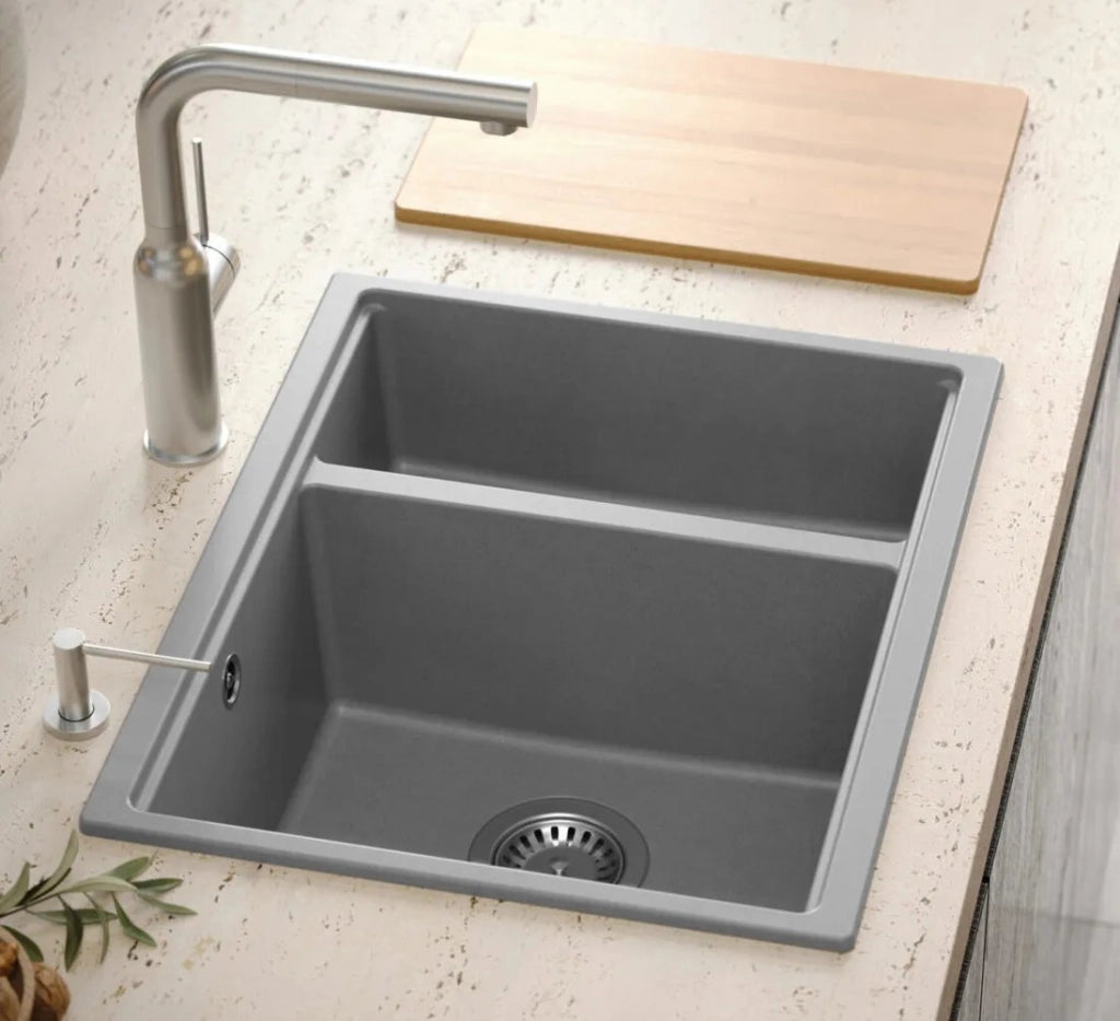 Lavello In Granito Logan 150 Grey Metallic Tappo rame spazzolato
