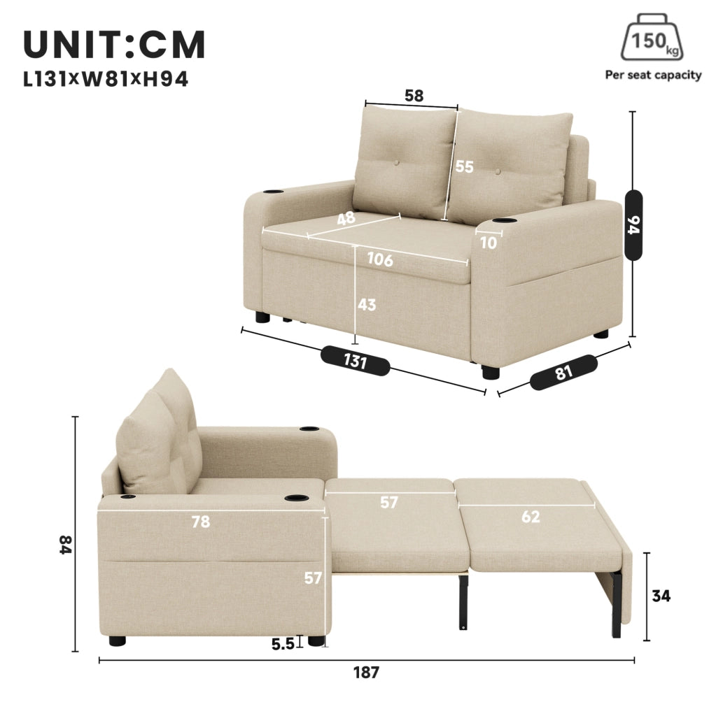 Divano letto 3 in 1 con porta bicchieri; USB e Type-C; 131x81x94 cm; beige