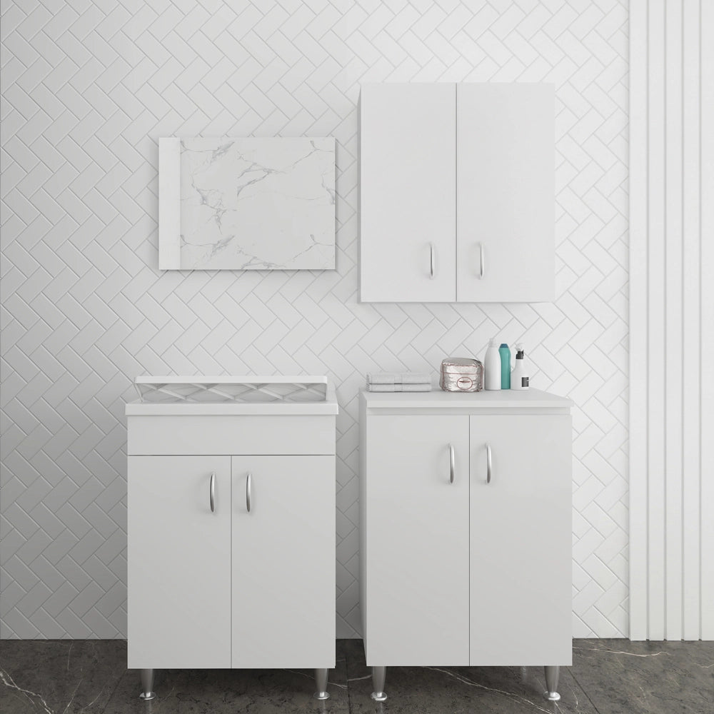 Set lavanderia con lavatoio base e pensile in legno bianco Fedra