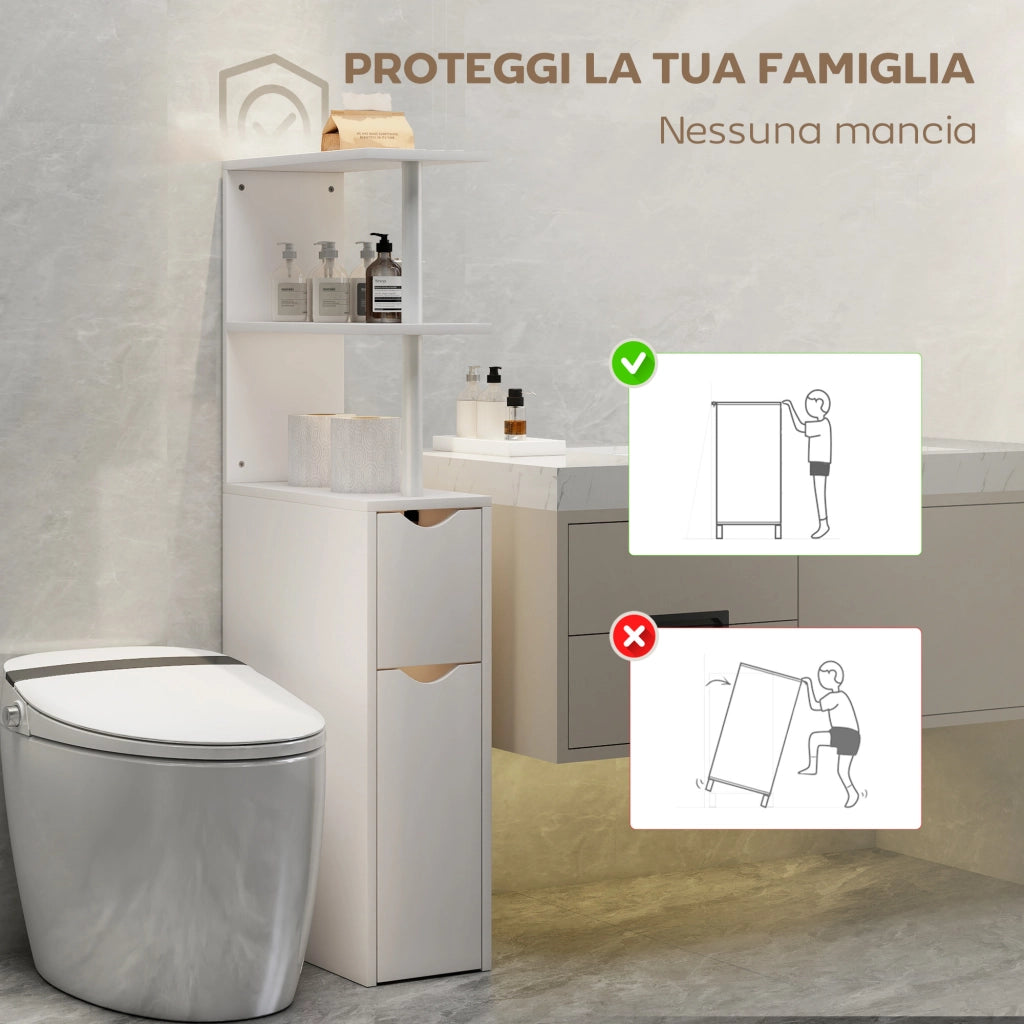 Colonna Bagno Salvaspazio 20x45x115 cm con 2 Cassetti e Ripiani Aperti in Legno Bianco