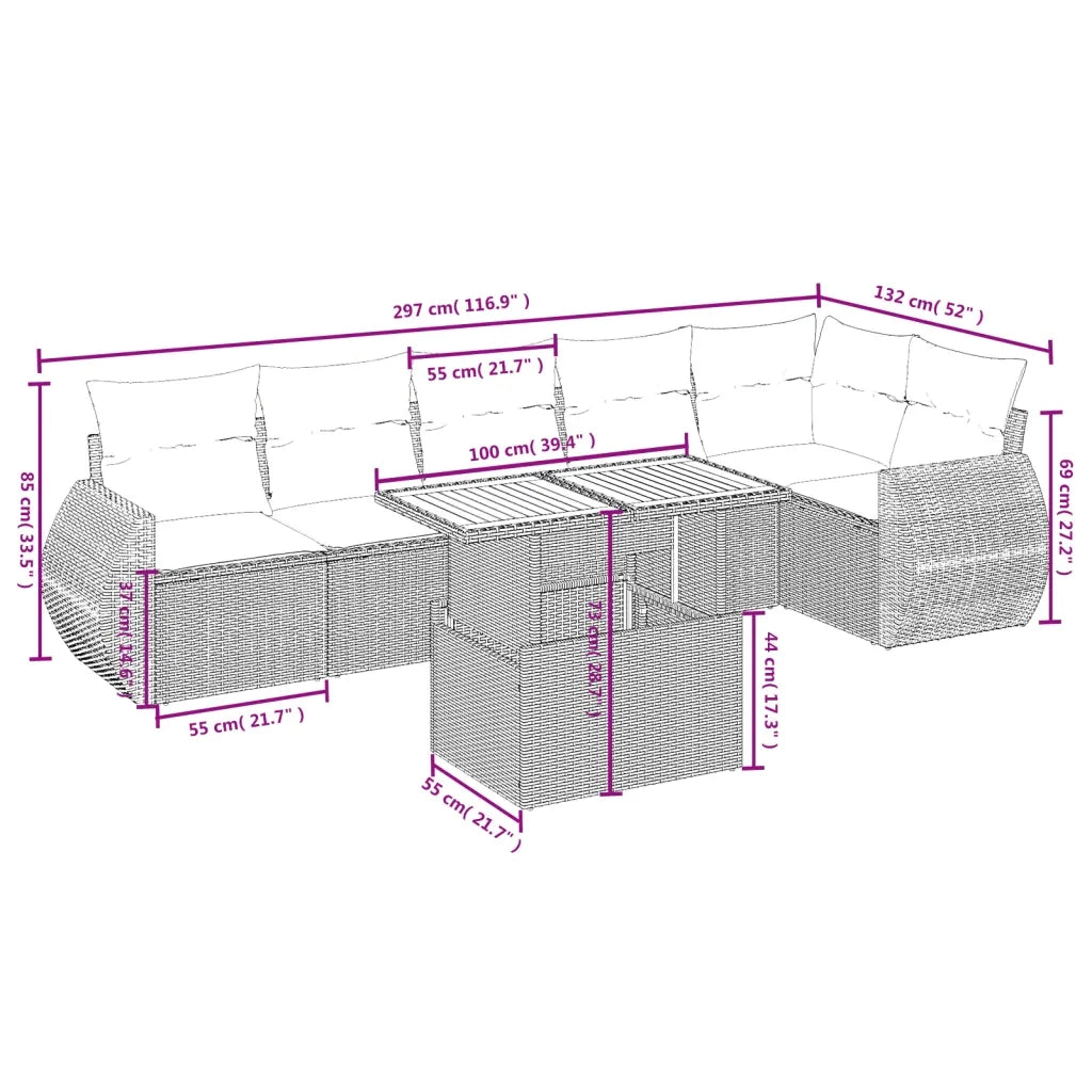 Set Divani da Giardino 7 pz con Cuscini Beige in Polyrattan