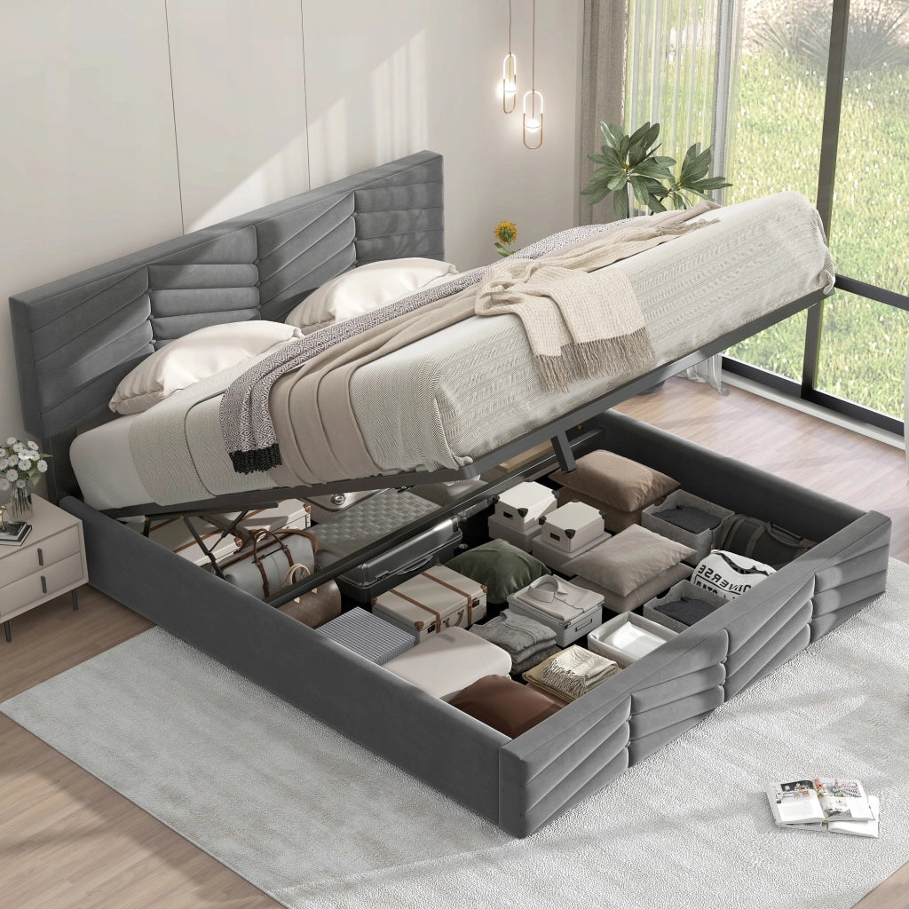 Letto imbottito 140x200 - Xylo - Grigio, velluto, meccanismo idraulico