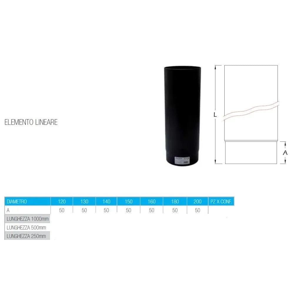 Tubo nero diametro 13cm lunghezza 25cm per stufa a legna in acciaio al carbonio