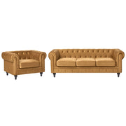 Set da soggiorno Chesterfield con rivestimento in velluto oro con gambe nere divano a 3 posti + poltrona