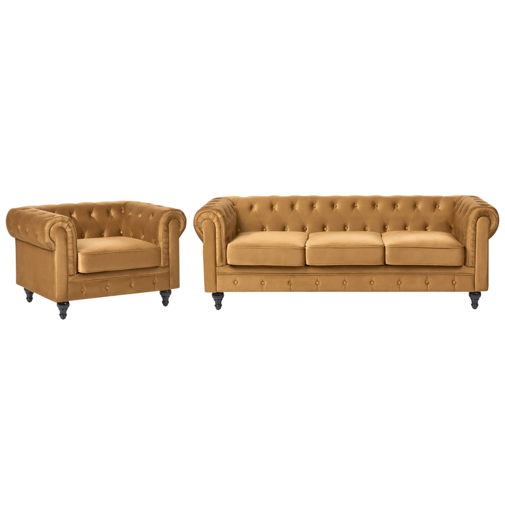 Set da soggiorno Chesterfield con rivestimento in velluto oro con gambe nere divano a 3 posti + poltrona