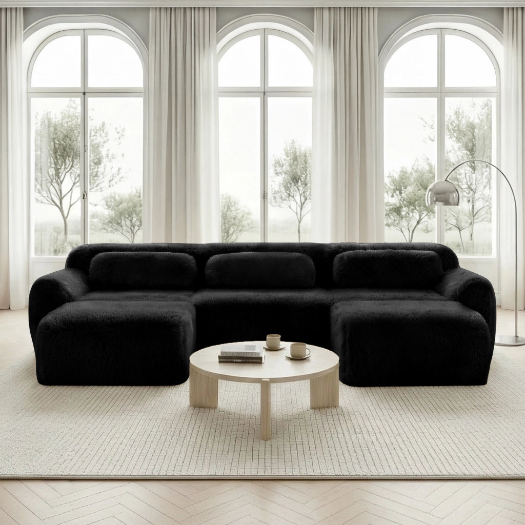 Divano Modulare a U 2-4 Posti senza Montaggio con Pouf e Cuscini; Base Antiscivolo in Peluche Nero
