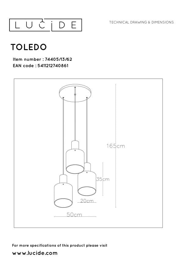 Lampadario Lucide Toledo 3 luci E27 40W bronzo vetro
