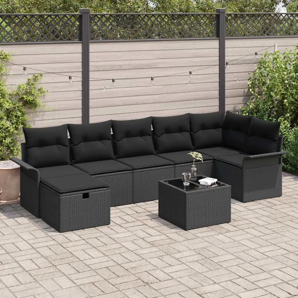 Set Divano da Giardino con cuscino 8 pcs Nero polyrattan