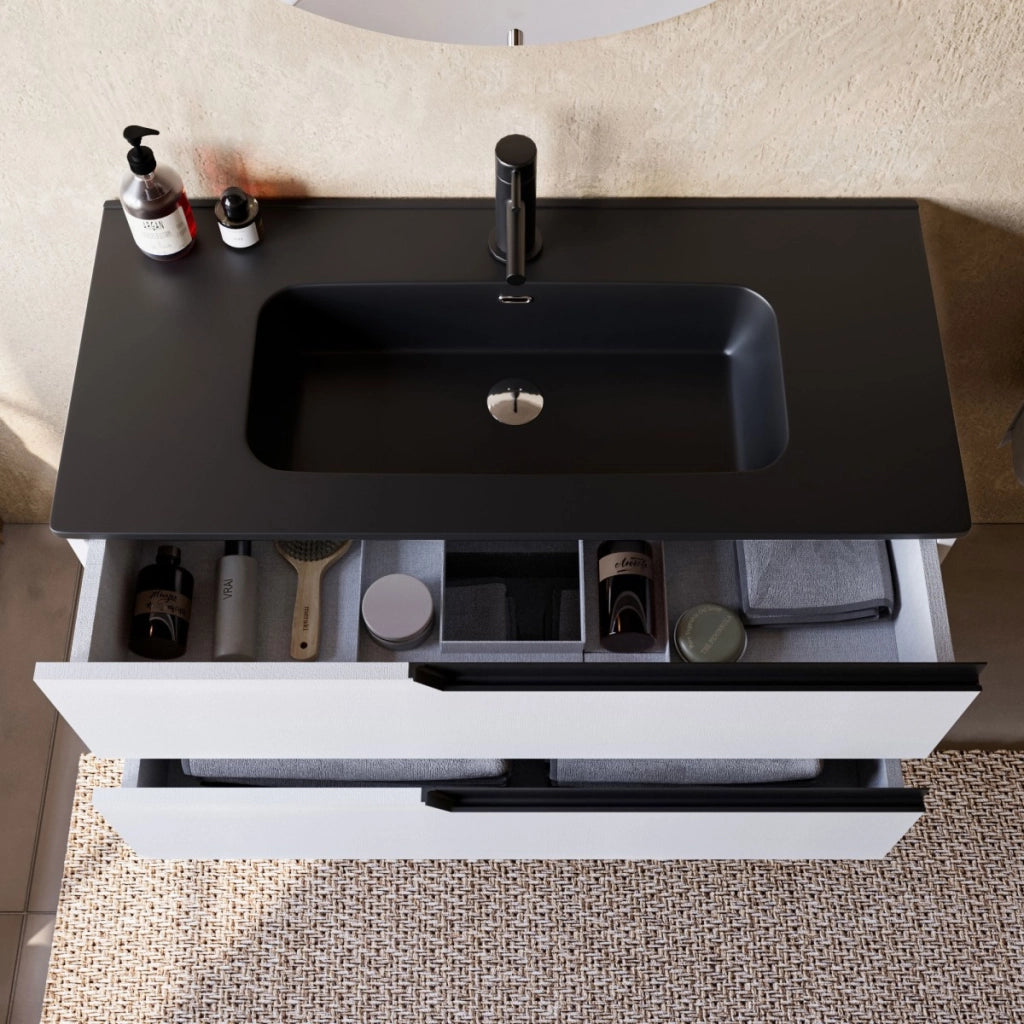 Mobile bagno 80cm sospeso bianco porcellana lavabo nero opaco - jaguar, selezione accessori senza specchio