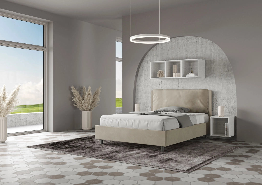 BS COM Letto matrimoniale francese senza rete imbottito 140x190 microfibra sabbia Large