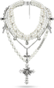 Collana a Croce Gotica con Perle a Strati Multipli Vintage per Donne (Argento)