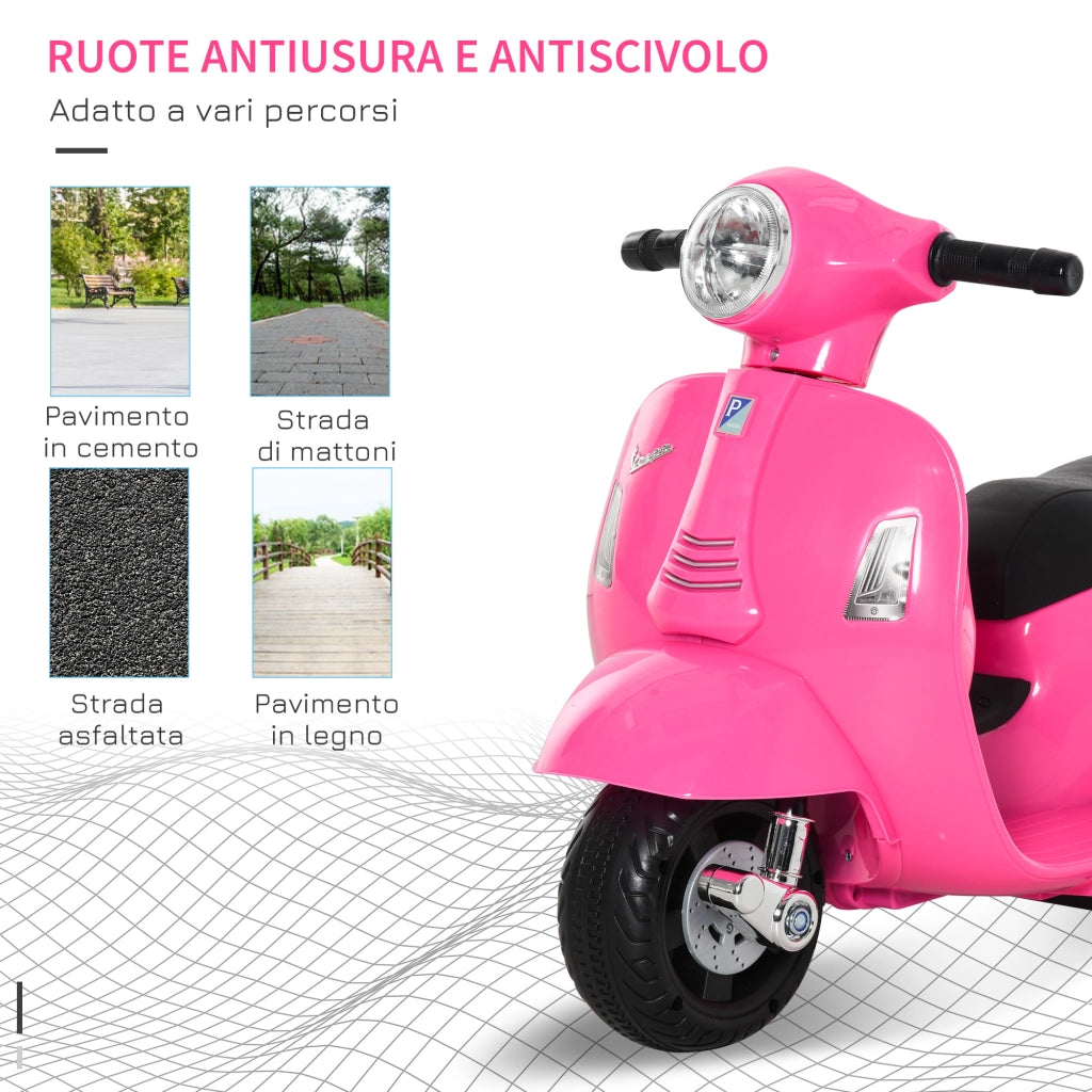 EasyComfort Moto Elettrica per Bambini 6V con Licenza Ufficiale Vespa Batteria, Motorino Elettrico per Bambini da 18-36 Mesi con Fari e Clacson, 66.5x38x52cm, Rosa