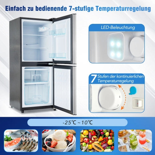 Mini frigorifero; congelatore; volume totale 106L; compartimento frigorifero da 60L; compartimento freezer da 46L; illuminazione LED; mensole regolabili; efficiente energetico; nero+argento